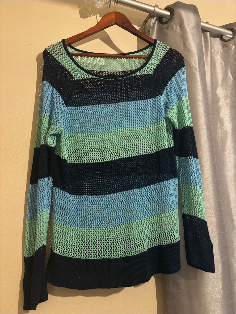 525 America Open-Knit Striped Scoop Neck Sweater in Navy, Light Blue & Mint